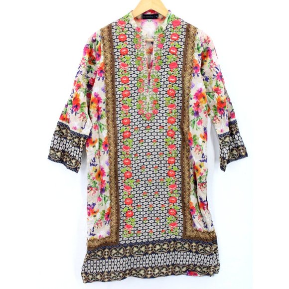 Bin Saeed Dress Tunic Multicolor Floral Casual Embroidered 3/4 Sleeve Size 16" - Picture 1 of 10